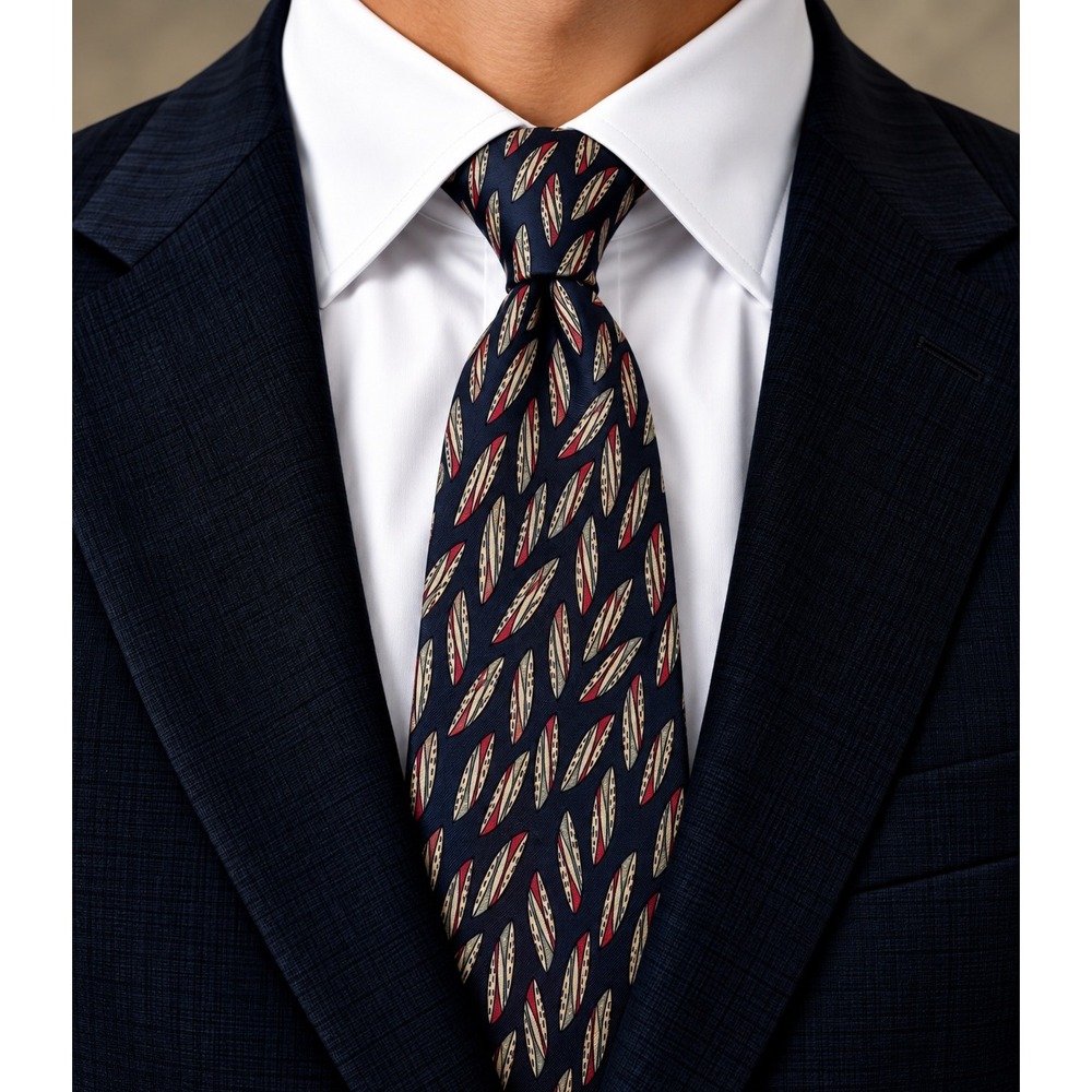 Talbott Studio Renbergs Navy Blue Silk Geometric Leaf Print Tie Hand Sewn USA